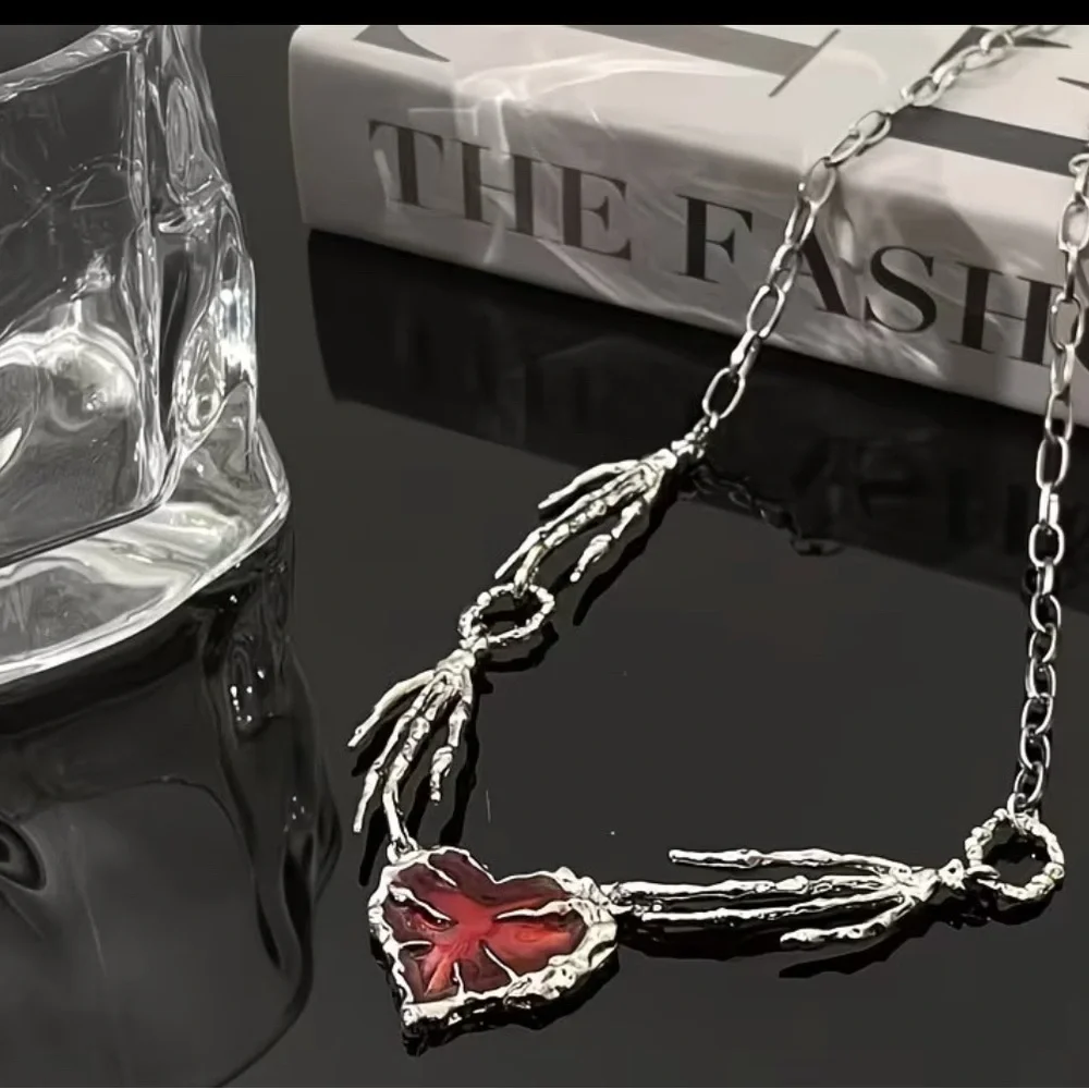 Silver and Red Heart  skeleton hand Necklace